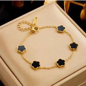 Five Black Clover Motif Charm Bracelet 18k Gold plate